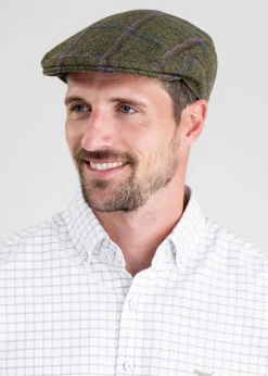 Alnmouth Tweed Cap - Moss Green with Navy and Burgundy Check