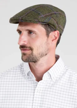 Alnmouth Tweed Cap - Moss Green with Navy and Burgundy Check