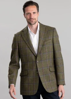 Alnmouth Tweed Jacket - Moss Green with Navy and Burgundy Check