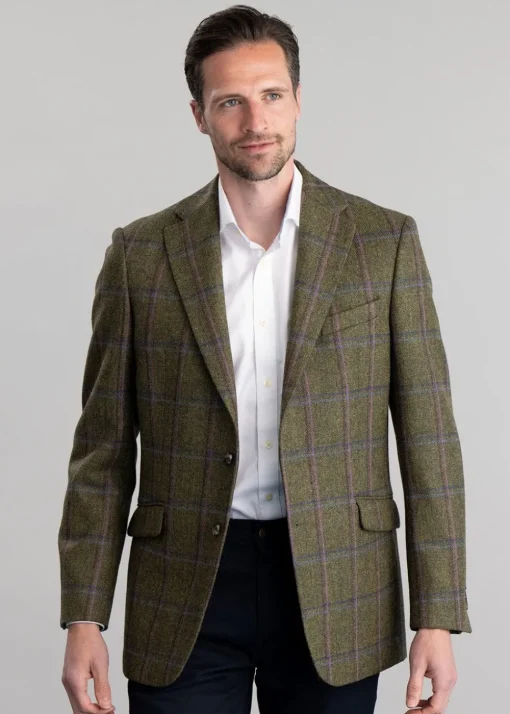 Alnmouth Tweed Jacket - Moss Green with Navy and Burgundy Check