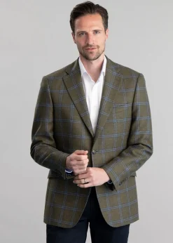 Amble Tweed Jacket - Olive with Sky Blue and Navy Check