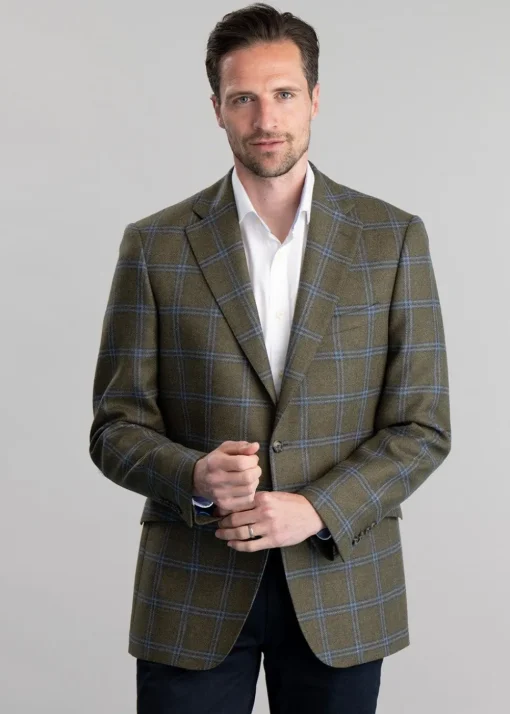 Amble Tweed Jacket - Olive with Sky Blue and Navy Check
