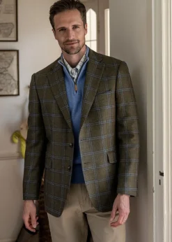 Amble Tweed Jacket - Olive with Sky Blue and Navy Check