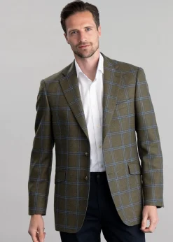 Amble Tweed Jacket - Olive with Sky Blue and Navy Check