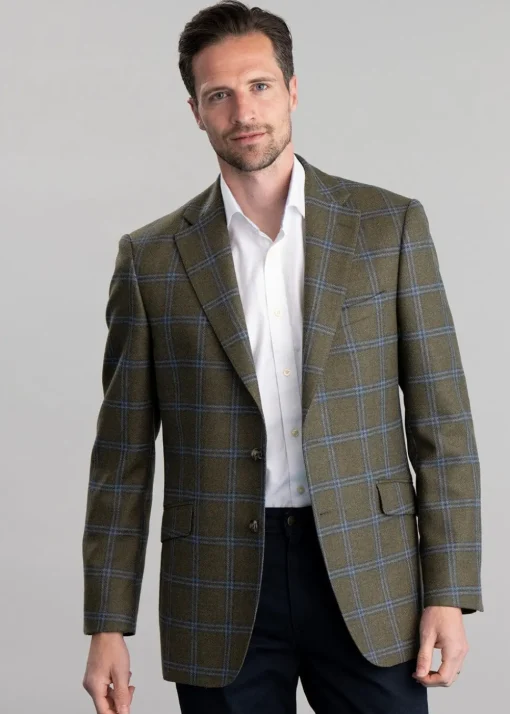 Amble Tweed Jacket - Olive with Sky Blue and Navy Check