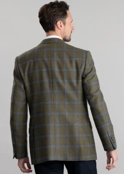Amble Tweed Jacket - Olive with Sky Blue and Navy Check