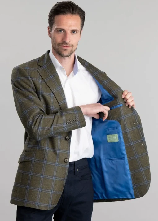Amble Tweed Jacket - Olive with Sky Blue and Navy Check