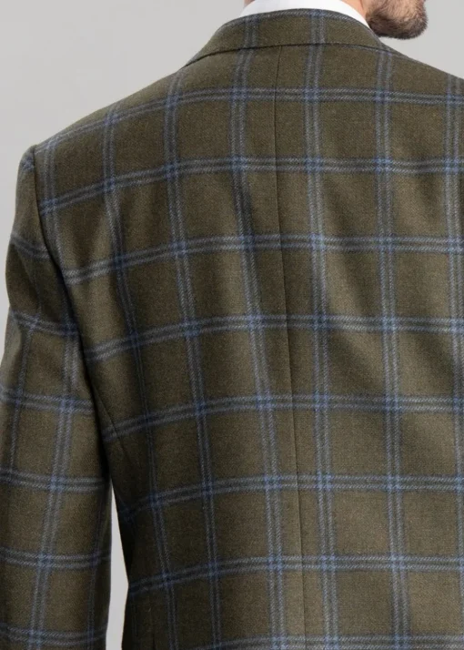 Amble Tweed Jacket - Olive with Sky Blue and Navy Check