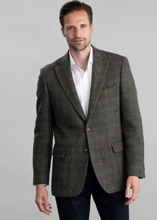 Belford Harris Tweed Jacket - Olive Herringbone with Sienna, Rust and Blue Check