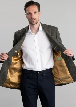 Belford Harris Tweed Jacket - Olive Herringbone with Sienna, Rust and Blue Check