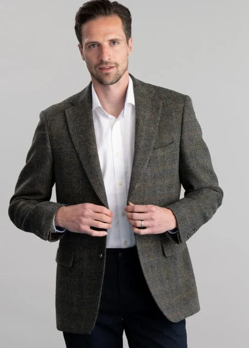 Belford Harris Tweed Jacket - Olive Herringbone with Sienna, Rust and Blue Check
