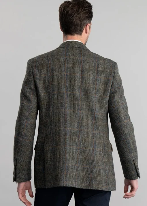 Belford Harris Tweed Jacket - Olive Herringbone with Sienna, Rust and Blue Check
