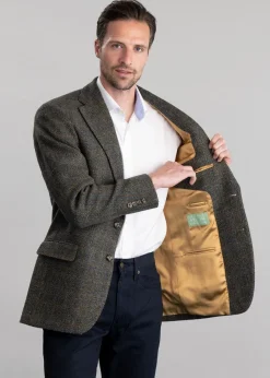 Belford Harris Tweed Jacket - Olive Herringbone with Sienna, Rust and Blue Check