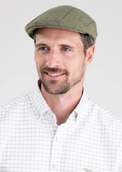 Belsay Tweed Cap - Lovat with Mid Blue and Burgundy Check