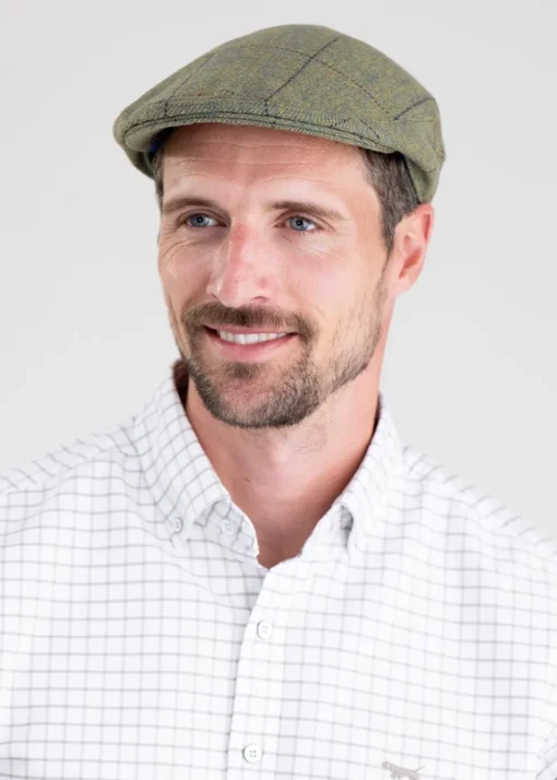 Belsay Tweed Cap - Lovat with Mid Blue and Burgundy Check