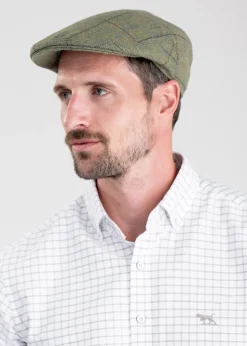 Belsay Tweed Cap - Lovat with Mid Blue and Burgundy Check