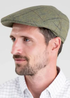 Belsay Tweed Cap - Lovat with Mid Blue and Burgundy Check