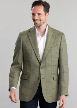 Belsay Tweed Jacket - Lovat with Mid Blue and Burgundy Check