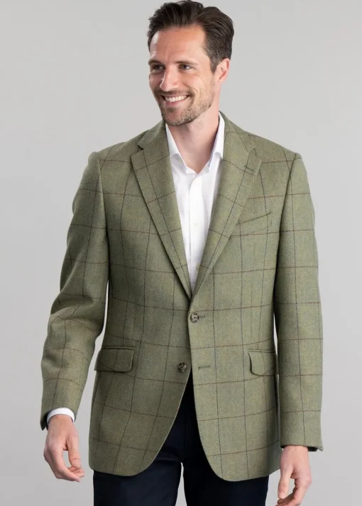 Belsay Tweed Jacket - Lovat with Mid Blue and Burgundy Check