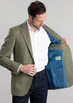 Belsay Tweed Jacket - Lovat with Mid Blue and Burgundy Check