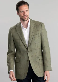 Belsay Tweed Jacket - Lovat with Mid Blue and Burgundy Check