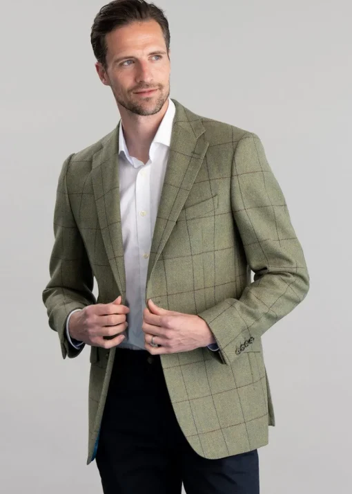 Belsay Tweed Jacket - Lovat with Mid Blue and Burgundy Check
