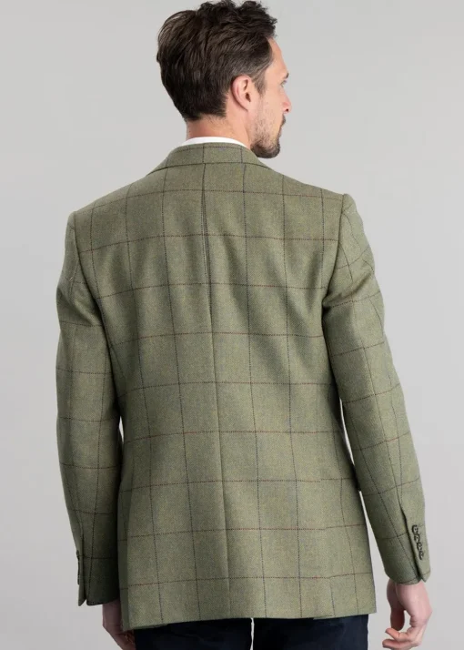 Belsay Tweed Jacket - Lovat with Mid Blue and Burgundy Check