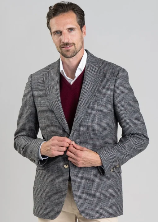 Berwick Tweed Jacket - Grey Check with Burgundy