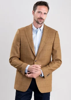 Branxton Tweed Jacket - Almond Brown Herringbone with Green and Red Overch