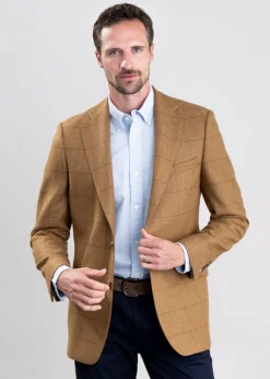 Branxton Tweed Jacket - Almond Brown Herringbone with Green and Red Overch