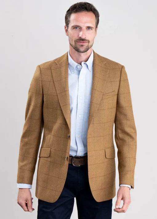 Branxton Tweed Jacket - Almond Brown Herringbone with Green and Red Overch