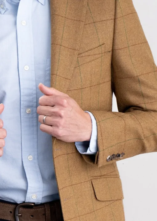 Branxton Tweed Jacket - Almond Brown Herringbone with Green and Red Overch