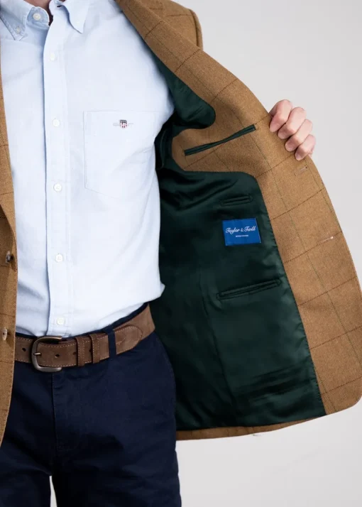 Branxton Tweed Jacket - Almond Brown Herringbone with Green and Red Overch