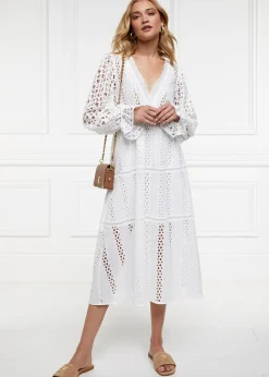 Broderie Lace V-Neck Midi Dress - White