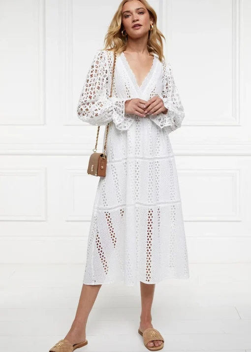 Broderie Lace V-Neck Midi Dress - White