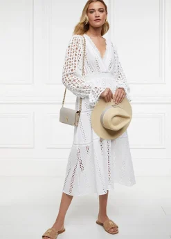Broderie Lace V-Neck Midi Dress - White
