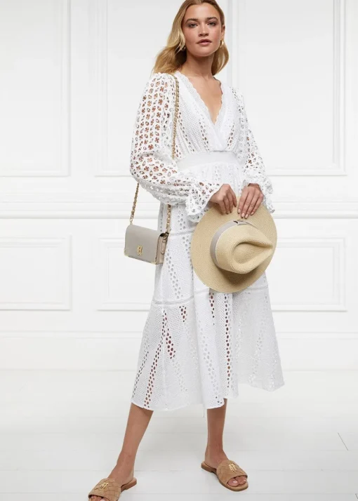 Broderie Lace V-Neck Midi Dress - White