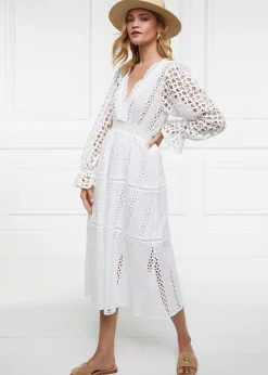 Broderie Lace V-Neck Midi Dress - White