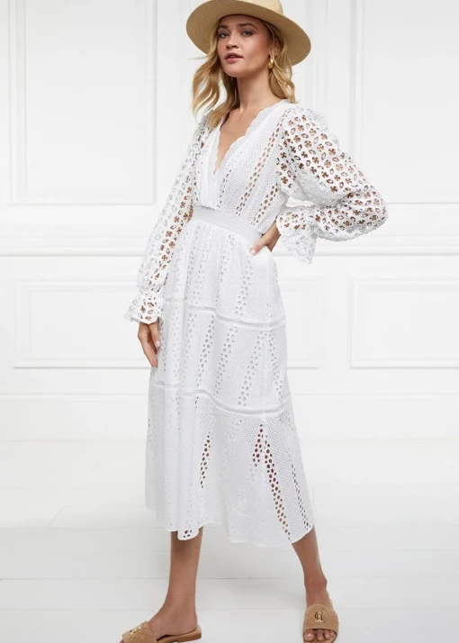 Broderie Lace V-Neck Midi Dress - White