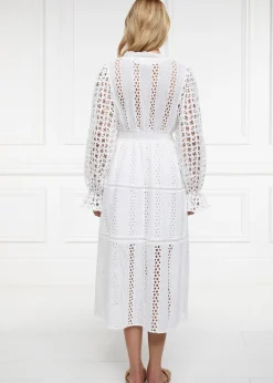 Broderie Lace V-Neck Midi Dress - White