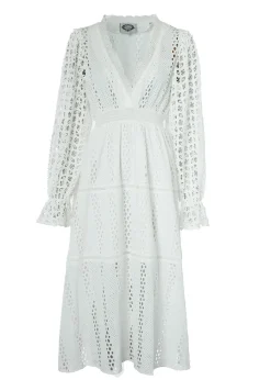 Broderie Lace V-Neck Midi Dress - White