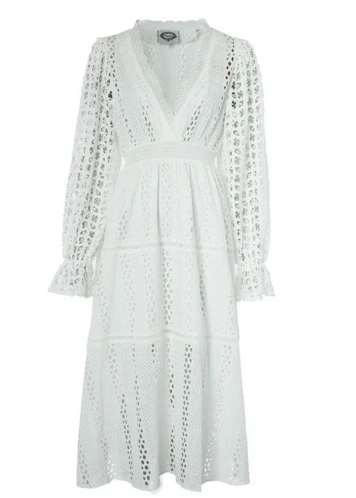 Broderie Lace V-Neck Midi Dress - White