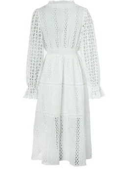 Broderie Lace V-Neck Midi Dress - White