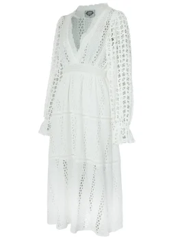 Broderie Lace V-Neck Midi Dress - White
