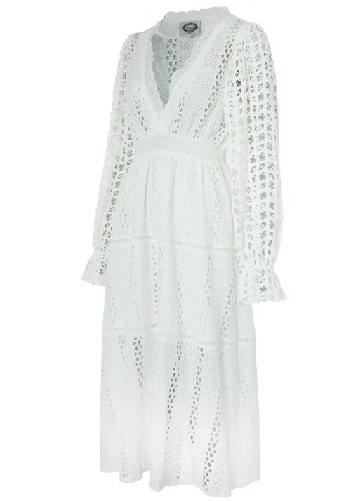 Broderie Lace V-Neck Midi Dress - White