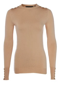 Buttoned Knit Crew Neck - Dark Camel