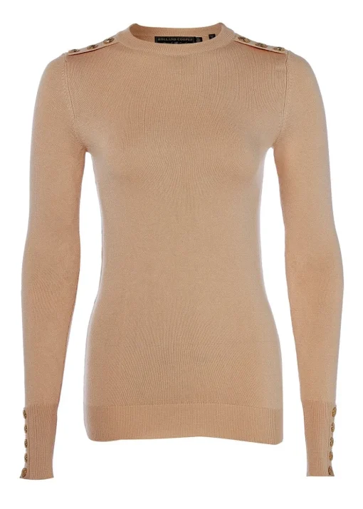 Buttoned Knit Crew Neck - Dark Camel