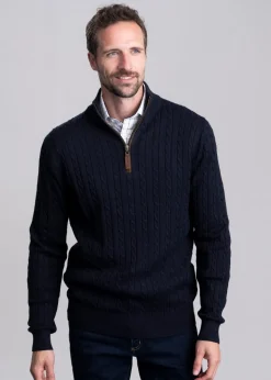 Calton Cotton Cashmere Cable 1/4 Zip Jumper - Navy