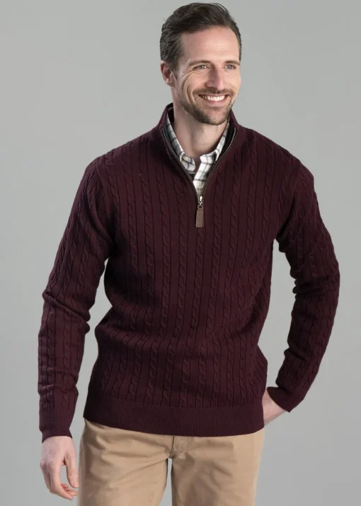 Calton Cotton Cashmere Cable 1/4 Zip Jumper - Wine