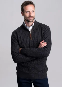 Calton Cotton Cashmere Cable 1/4 Zip Jumper - Charcoal